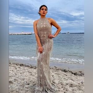 $6,995 Rachel Gilbert Dante Crystal Embellished Fringed Gown
